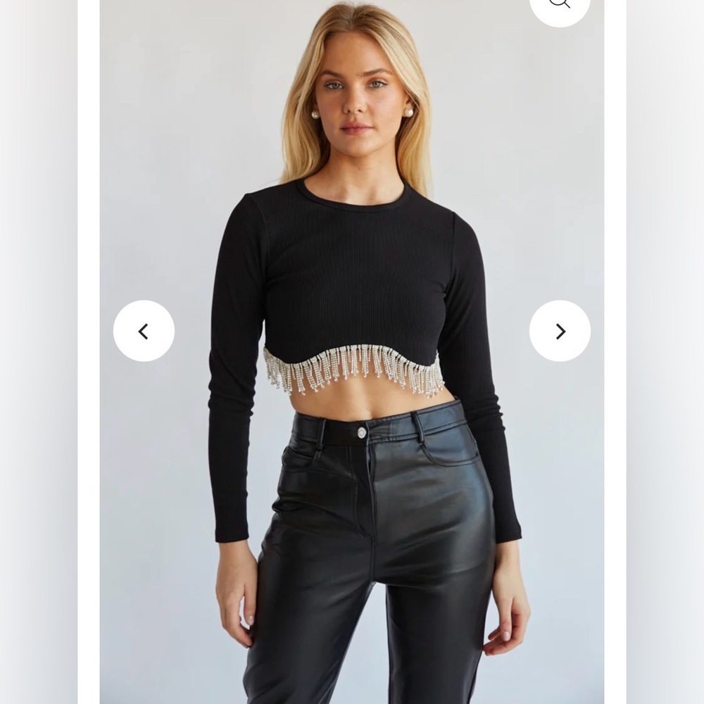 Black Long-Sleeve Crop Top with Beaded Fringe